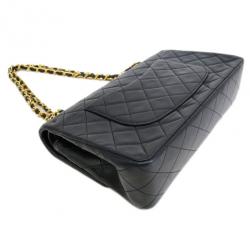 Pre Owned Chanel Black Lambskin Medium Double Flap Shoulder Bag
