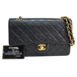 Pre Owned Chanel Black Lambskin Medium Double Flap Shoulder Bag