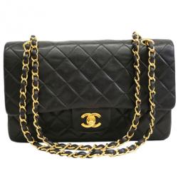 Pre Owned Chanel Black Lambskin Medium Double Flap Shoulder Bag