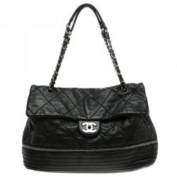 Pre Owned Chanel Black Quilted Stitched Expandable Zipper Flap Bag