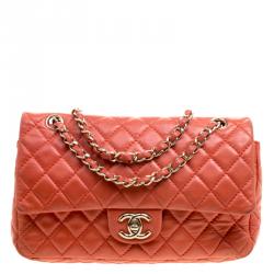 Pre Owned Chanel Orange Quilted Leather Medium Classic Double Flap Bag