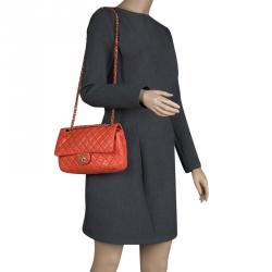 Pre Owned Chanel Orange Quilted Leather Medium Classic Double Flap Bag
