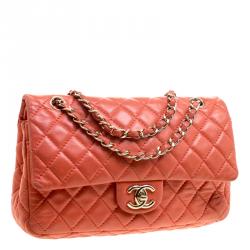 Pre Owned Chanel Orange Quilted Leather Medium Classic Double Flap Bag