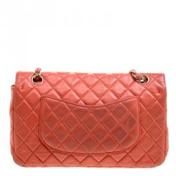 Pre Owned Chanel Orange Quilted Leather Medium Classic Double Flap Bag