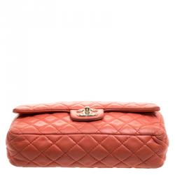Pre Owned Chanel Orange Quilted Leather Medium Classic Double Flap Bag