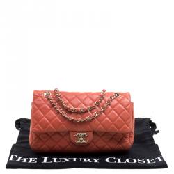 Pre Owned Chanel Orange Quilted Leather Medium Classic Double Flap Bag