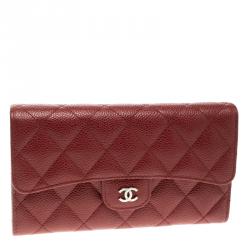 Chanel Red Quilted Caviar Leather Classic Flap Wallet