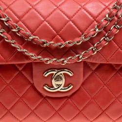 Pre Owned Chanel Red Quilted Leather Maxi Jumbo XL Classic Flap Bag