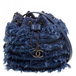 Pre Owned Chanel Blue Denim CC Chains Fringe Drawstring Bucket Bag