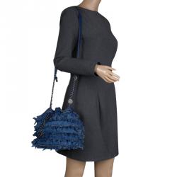 Pre Owned Chanel Blue Denim CC Chains Fringe Drawstring Bucket Bag