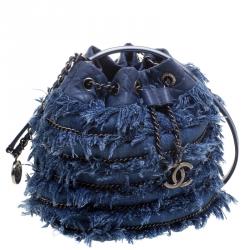 Pre Owned Chanel Blue Denim CC Chains Fringe Drawstring Bucket Bag