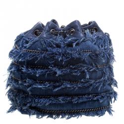 Pre Owned Chanel Blue Denim CC Chains Fringe Drawstring Bucket Bag