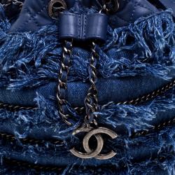 Pre Owned Chanel Blue Denim CC Chains Fringe Drawstring Bucket Bag