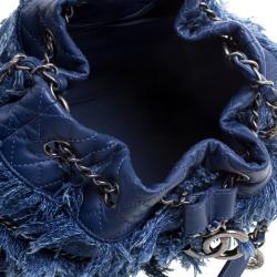 Pre Owned Chanel Blue Denim CC Chains Fringe Drawstring Bucket Bag
