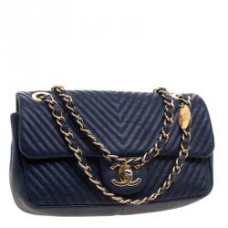 Pre Owned Chanel Navy Blue Chevron Leather Small Classic Flap Bag