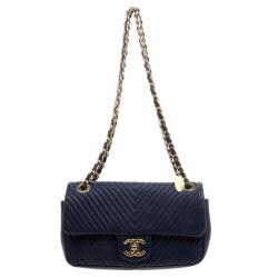 Pre Owned Chanel Navy Blue Chevron Leather Small Classic Flap Bag