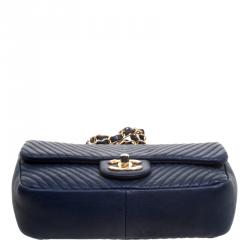 Pre Owned Chanel Navy Blue Chevron Leather Small Classic Flap Bag