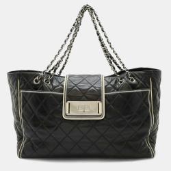 Chanel 2.55 Matelasse Turnlock Tote Bag Shoulder Double Chain Calf Leather Black White
