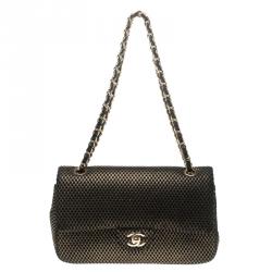 Pre Owned Chanel Black/Gold Perforated Jersey Medium Classic Double Flap Bag