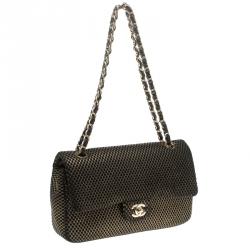 Pre Owned Chanel Black/Gold Perforated Jersey Medium Classic Double Flap Bag