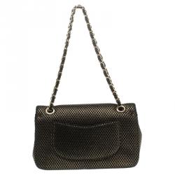 Pre Owned Chanel Black/Gold Perforated Jersey Medium Classic Double Flap Bag