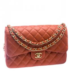 مملوكة مسبقًا حقيبة شانيل قلاب مزدوج كلاسيك جامبو جلد كافيار مبطنة لامعة برتقالية حمراء