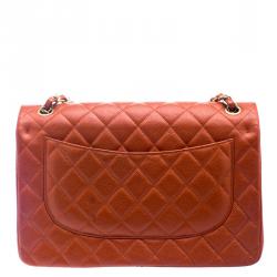 مملوكة مسبقًا حقيبة شانيل قلاب مزدوج كلاسيك جامبو جلد كافيار مبطنة لامعة برتقالية حمراء