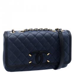 مملوكة مسبقًا حقيبة شانيل قلاب CC جلد كافيار مبطنة سوداء/ زرقاء