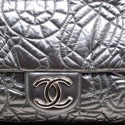Chanel Silver Patent Vinyl Graphic Edge Classic Flap Bag