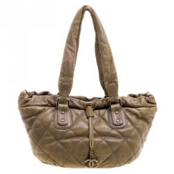 Pre Owned Chanel Khaki Quilted Leather CC Drawstring Tote