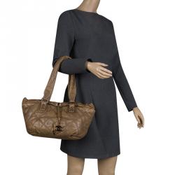 Pre Owned Chanel Khaki Quilted Leather CC Drawstring Tote