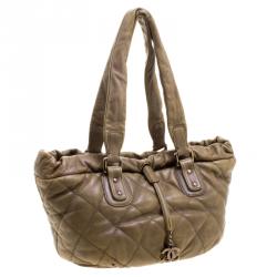 Pre Owned Chanel Khaki Quilted Leather CC Drawstring Tote