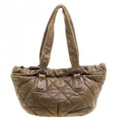 Pre Owned Chanel Khaki Quilted Leather CC Drawstring Tote