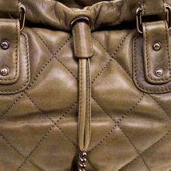 Pre Owned Chanel Khaki Quilted Leather CC Drawstring Tote