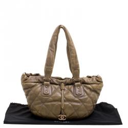 Pre Owned Chanel Khaki Quilted Leather CC Drawstring Tote