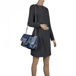 Pre Owned Chanel Blue Fabric/Canvas and Leather Patchwork Jumbo Classic Flap Bag