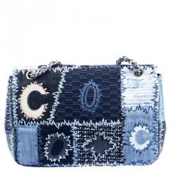 Pre Owned Chanel Blue Fabric/Canvas and Leather Patchwork Jumbo Classic Flap Bag
