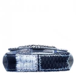 Pre Owned Chanel Blue Fabric/Canvas and Leather Patchwork Jumbo Classic Flap Bag