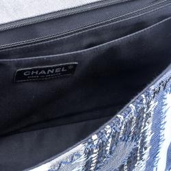 Pre Owned Chanel Blue Fabric/Canvas and Leather Patchwork Jumbo Classic Flap Bag