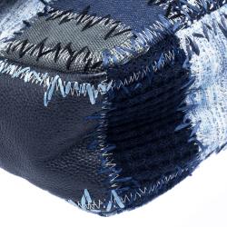 Pre Owned Chanel Blue Fabric/Canvas and Leather Patchwork Jumbo Classic Flap Bag