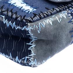 Pre Owned Chanel Blue Fabric/Canvas and Leather Patchwork Jumbo Classic Flap Bag