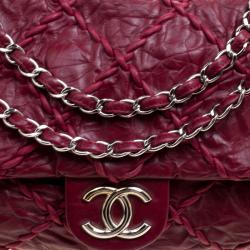 Pre Owned Chanel Burgundy Crinkled Leather Ultra Stitch Classic Flap Bag