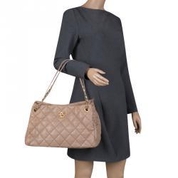 Pre Owned حقيبة يد شانيل سلسلة خياطة عريضة جلد مبطنة بيج