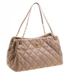 Pre Owned حقيبة يد شانيل سلسلة خياطة عريضة جلد مبطنة بيج