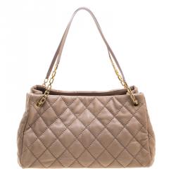 Pre Owned حقيبة يد شانيل سلسلة خياطة عريضة جلد مبطنة بيج