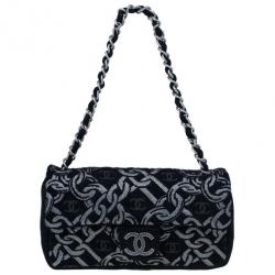 Pre Owned Chanel Black and Silver Tweed Cruise Collection Chain Flap Bag