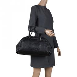 Pre Owned Chanel Black Leather Large Chain Trim Luxe Ligne Bowler Boston Bag