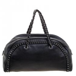 Pre Owned Chanel Black Leather Large Chain Trim Luxe Ligne Bowler Boston Bag