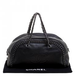 Pre Owned Chanel Black Leather Large Chain Trim Luxe Ligne Bowler Boston Bag