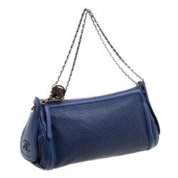 Pre Owned حقيبة كتف شانيل كاميرا جلد أزرق مثقب ببكرة